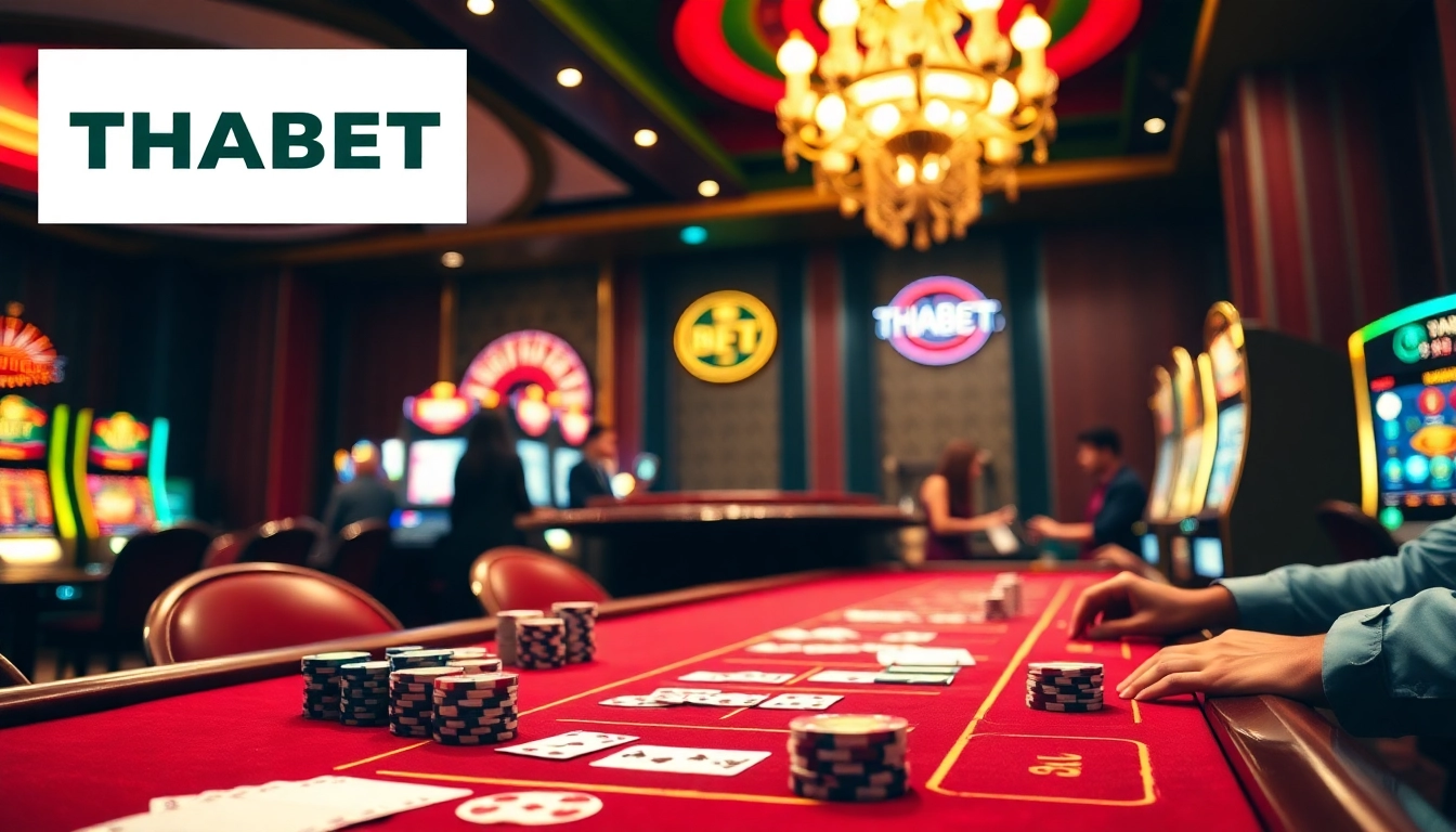 Players enjoying thrilling games at THABET casino with poker chips and roulette.