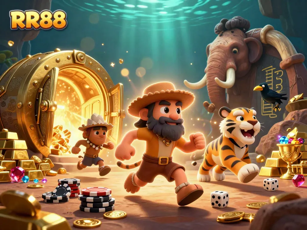 RR88 offers thrilling gaming adventures in an illustrated prehistoric casino scene.