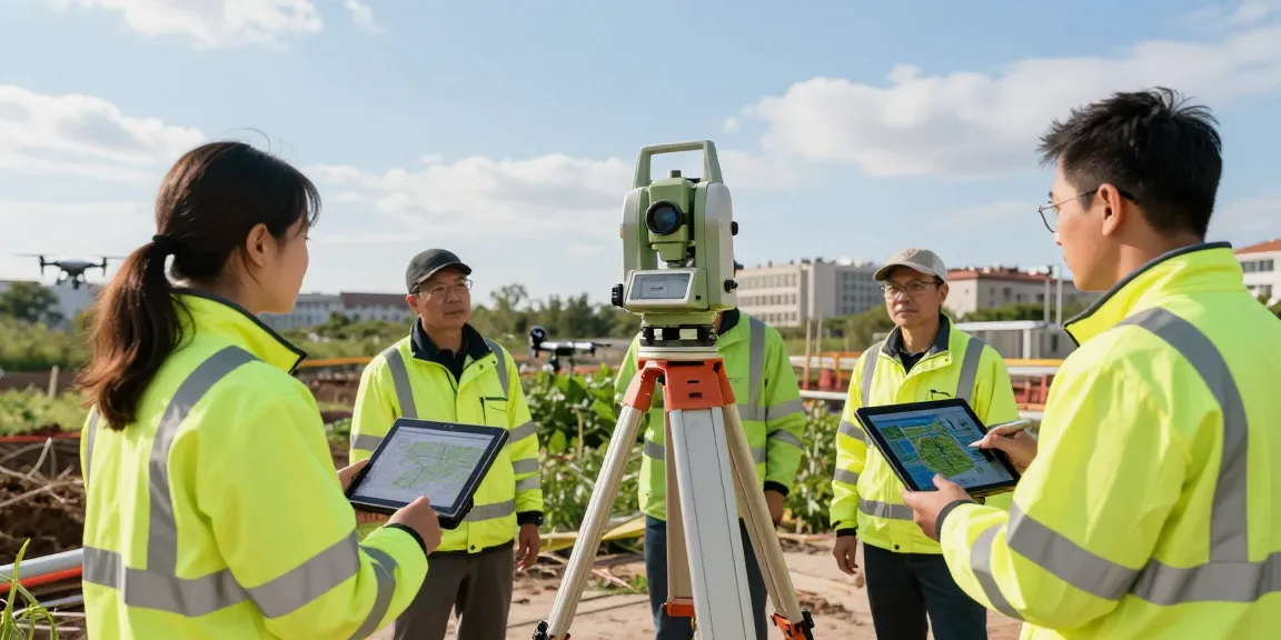 Topographical surveys london & Surrey conducted by expert team at construction site with detailed equipment.