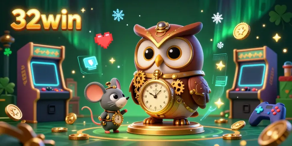Engage with vibrant 32win casino action featuring a time-traveler owl and arcade machines.