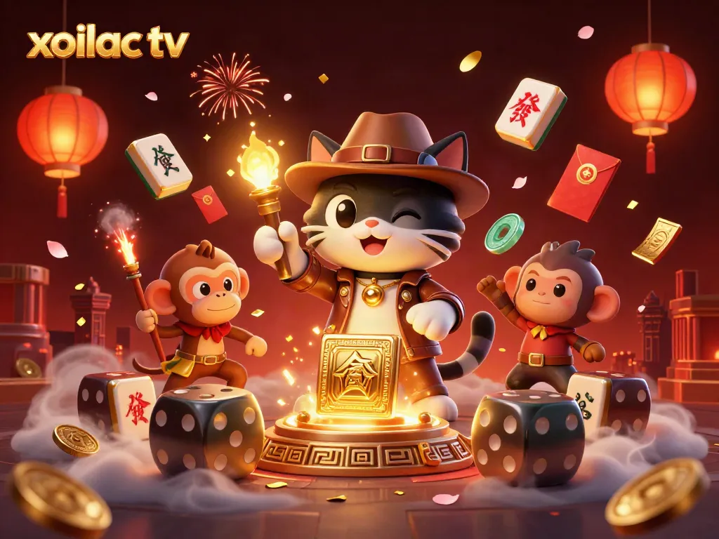 Xoilac TV showcases a vibrant 3D scene with a cat archaeologist discovering casino treasures, full of excitement.