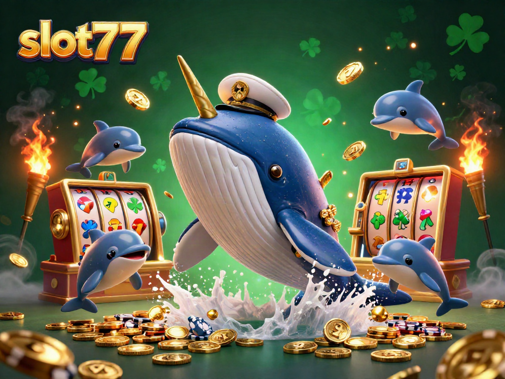 Engage with slot777, featuring a vibrant casino scene filled with a whimsical whale and joyful dolphins.