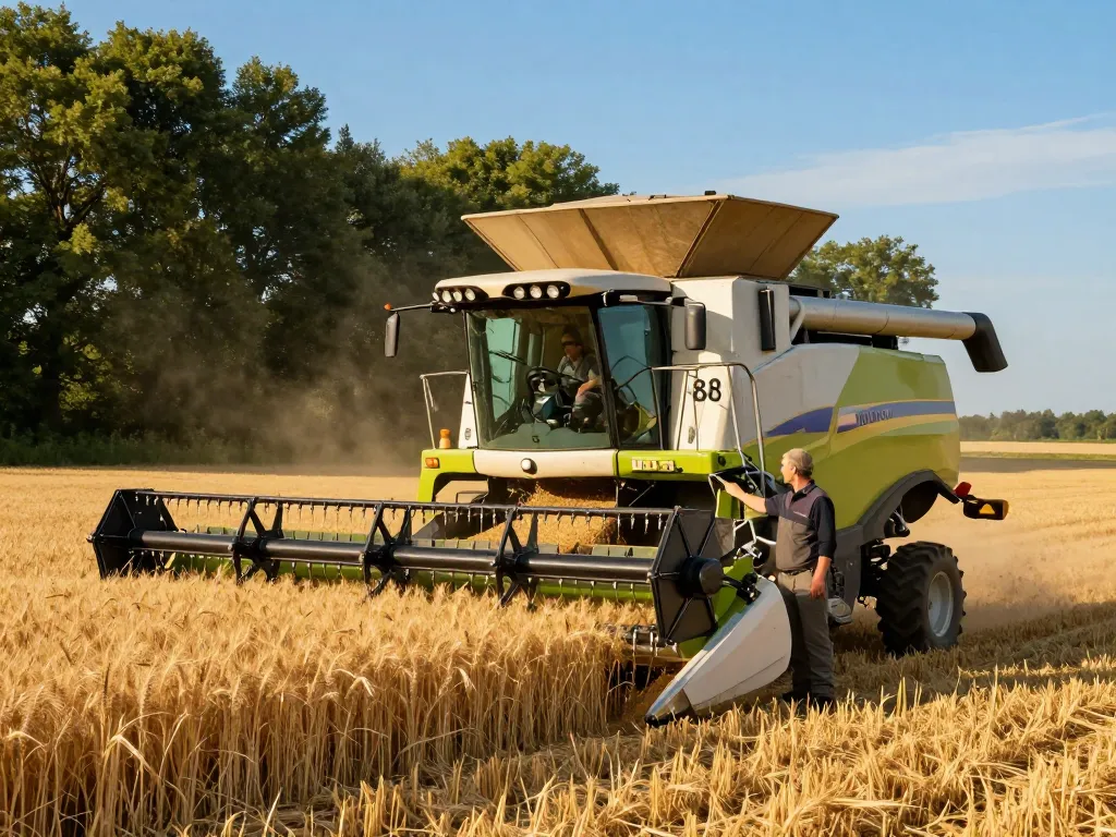 New Holland TR88 combine harvesting wheat on a sunlit farm, showcasing agricultural efficiency.