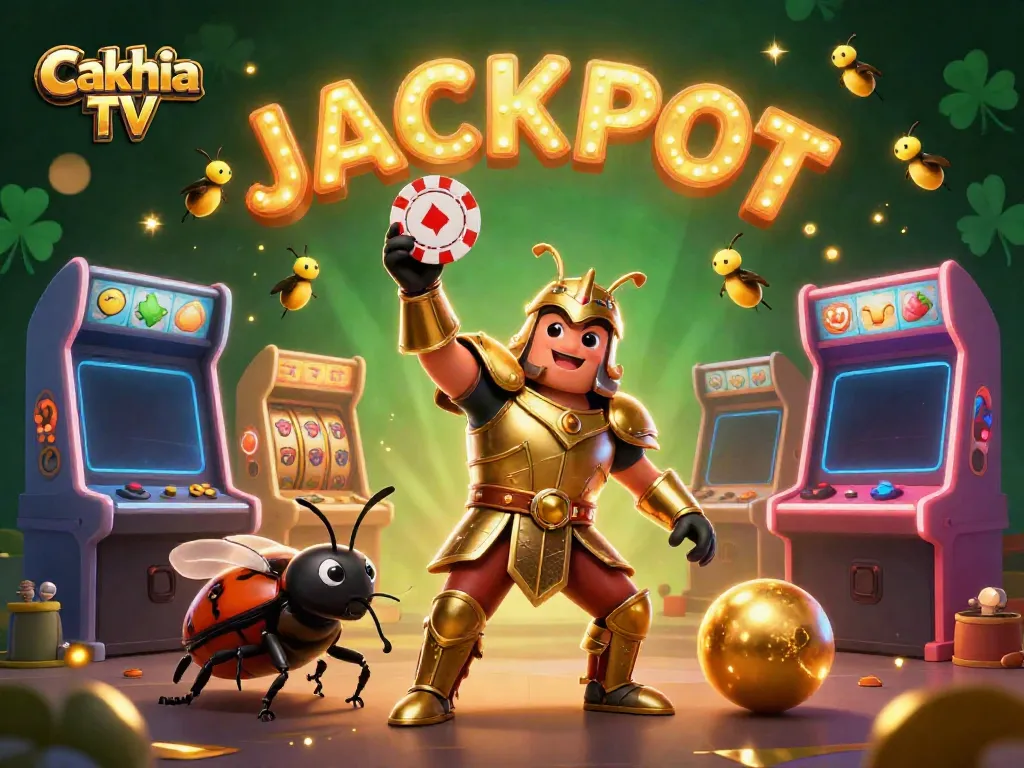 Cakhia TV depicts a victorious beetle in golden armor with a poker chip, surrounded by vibrant gambling elements.