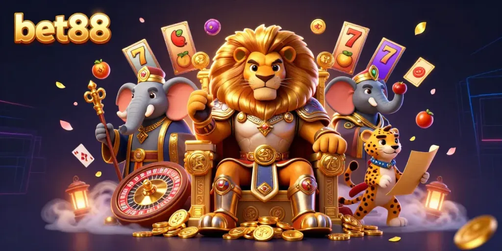 Experience thrilling gambling excitement with bet88 in this vibrant 3D casino scene.