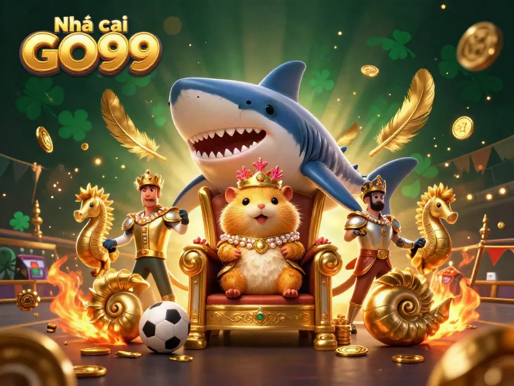 Engage with Nhà cái GO99's vibrant betting scene featuring a golden hamster king on a megalodon throne.