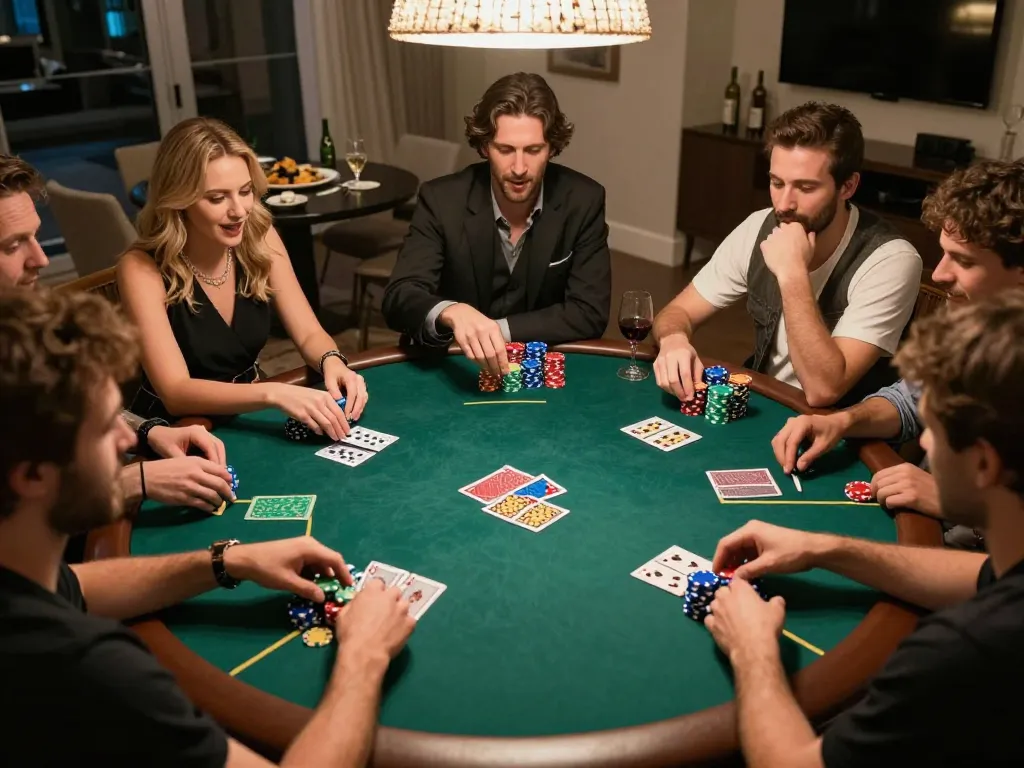 Người chơi tận hưởng một ván poker tại Rikvip với những chip đầy màu sắc và biểu cảm tập trung
