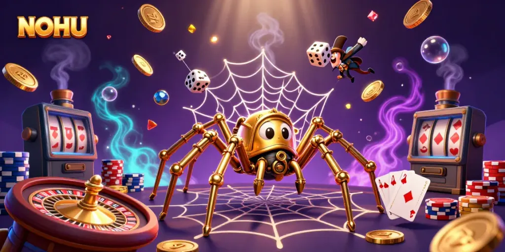 Experience exciting wins with NOHU's dynamic 3D casino scene featuring golden spiders and vibrant game elements.