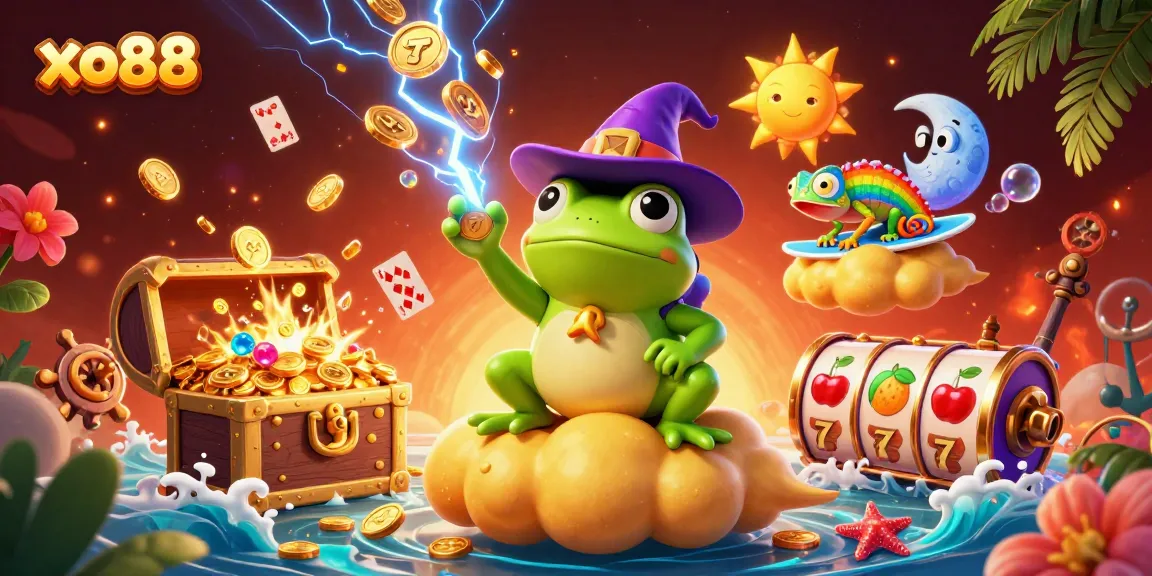 Spin the reels of xo88 as the weather wizard frog conjures a gold storm in this 3D casino illustration.