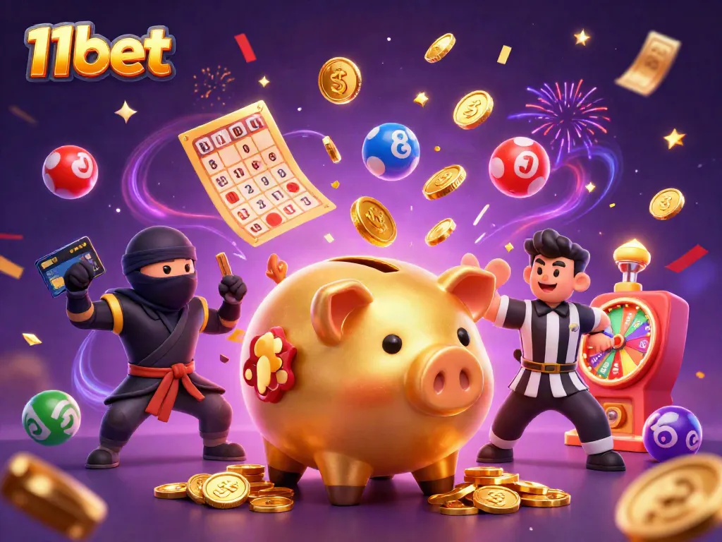 Engage with 11bet's thrilling promotion as a golden piggy bank wrestler dominates a vibrant casino scene.