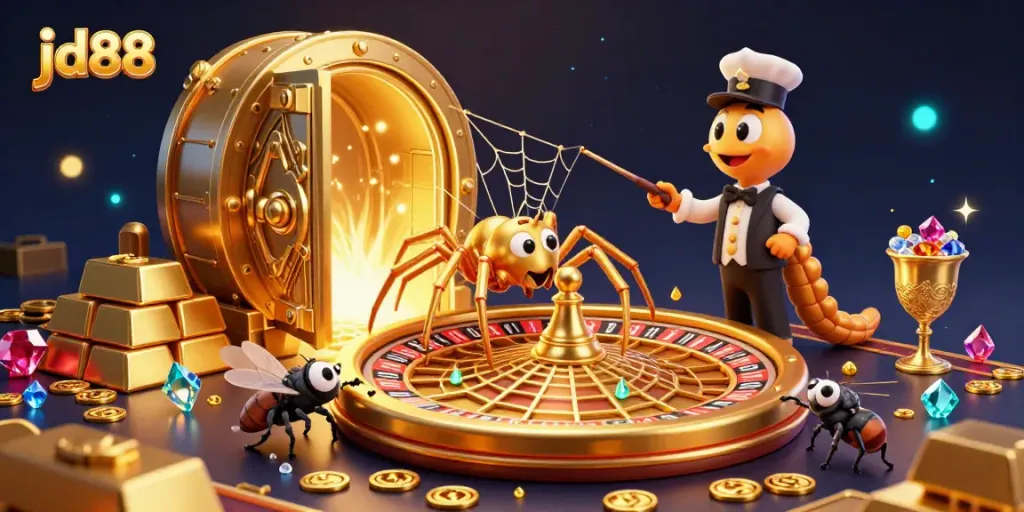 Experience the thrill of jd88 with a dynamic scene showcasing a golden spider, roulette wheel, and treasure.