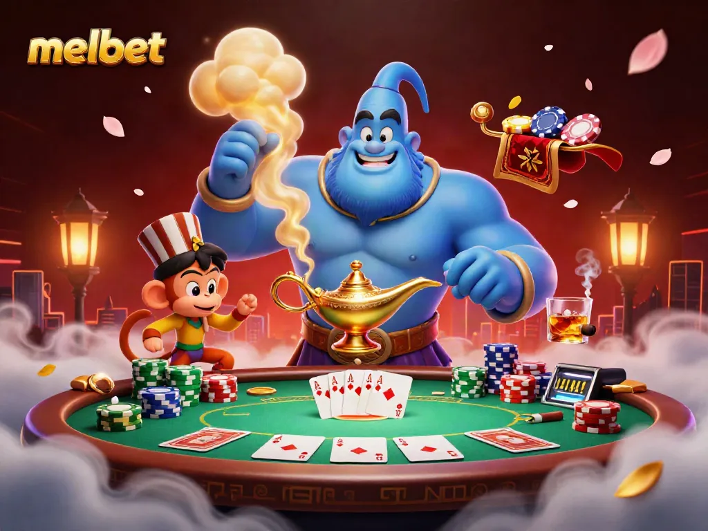 Bet on melbet with a lively scene featuring a blue genie emerging from a lamp surrounded by poker elements.