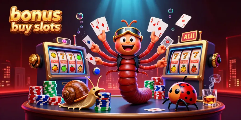 Exciting bonus buy slots scene featuring colorful slot reels, dealer, and high-roller characters.