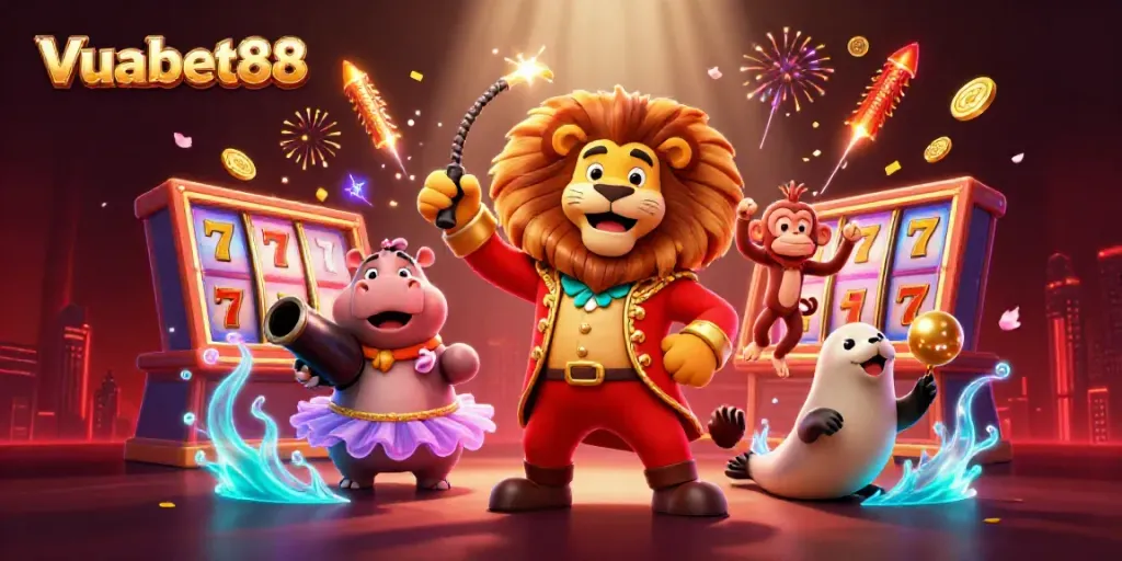 Experience excitement with Vuabet88 in this vibrant casino-themed scene featuring a whimsical lion and friends.