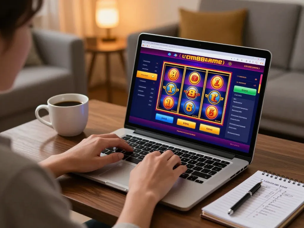 Player exploring cm88game slots on laptop, showcasing engaging online casino experience in a cozy home.
