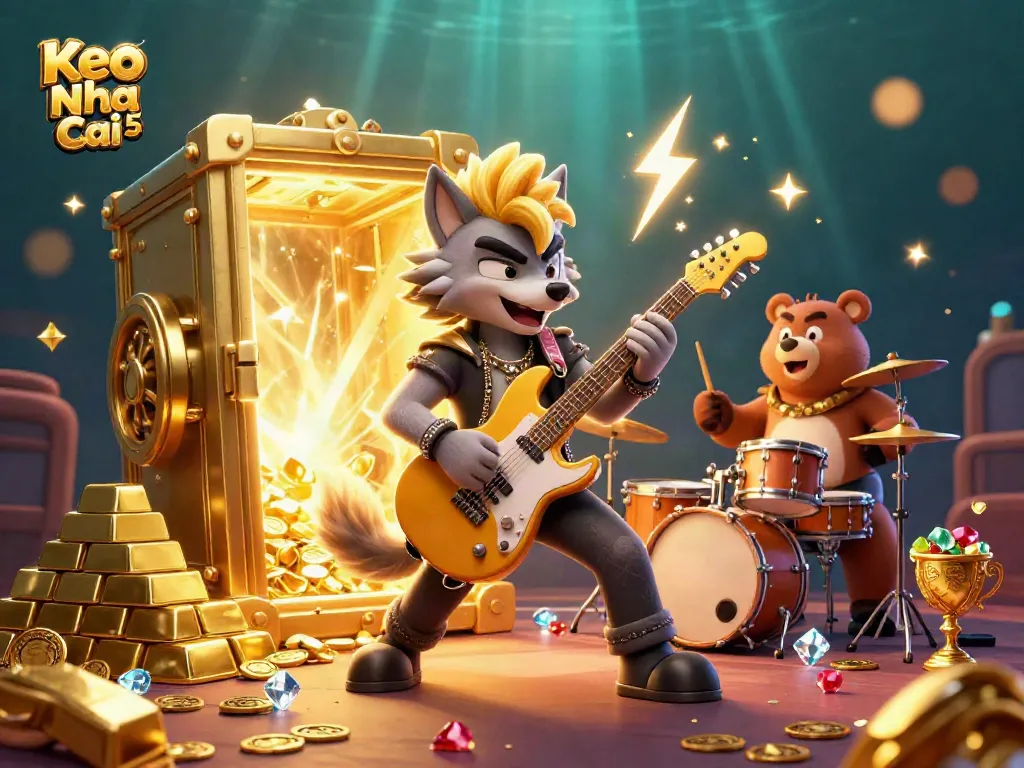 Experience the excitement of Keo Nha Cai 5 with a vibrant illustration of a rock star wolf and drummer bear on a casino stage filled with treasure.