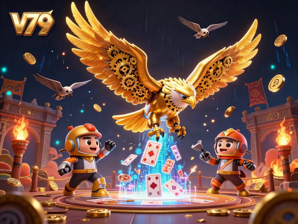 Engage in thrilling gameplay with V79's vibrant 3D casino scene featuring golden eagle, holographic cards, and token chaos.