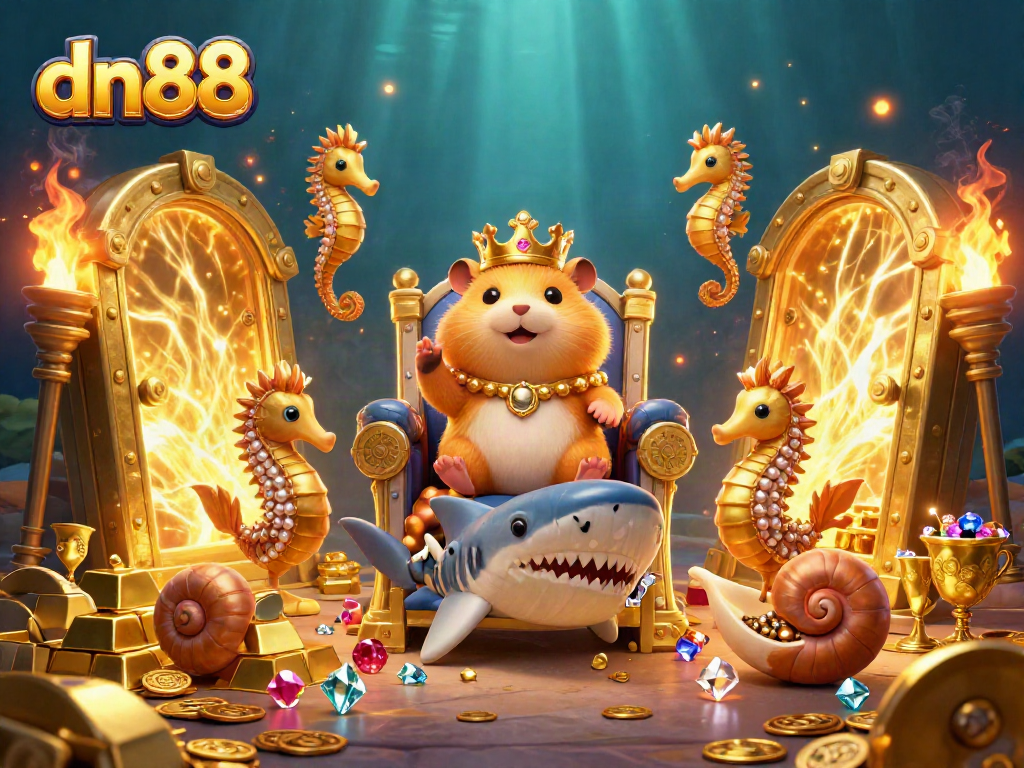 Engage in dn88 gaming with a vibrant scene of a hamster king and treasures in a casino-themed illustration.