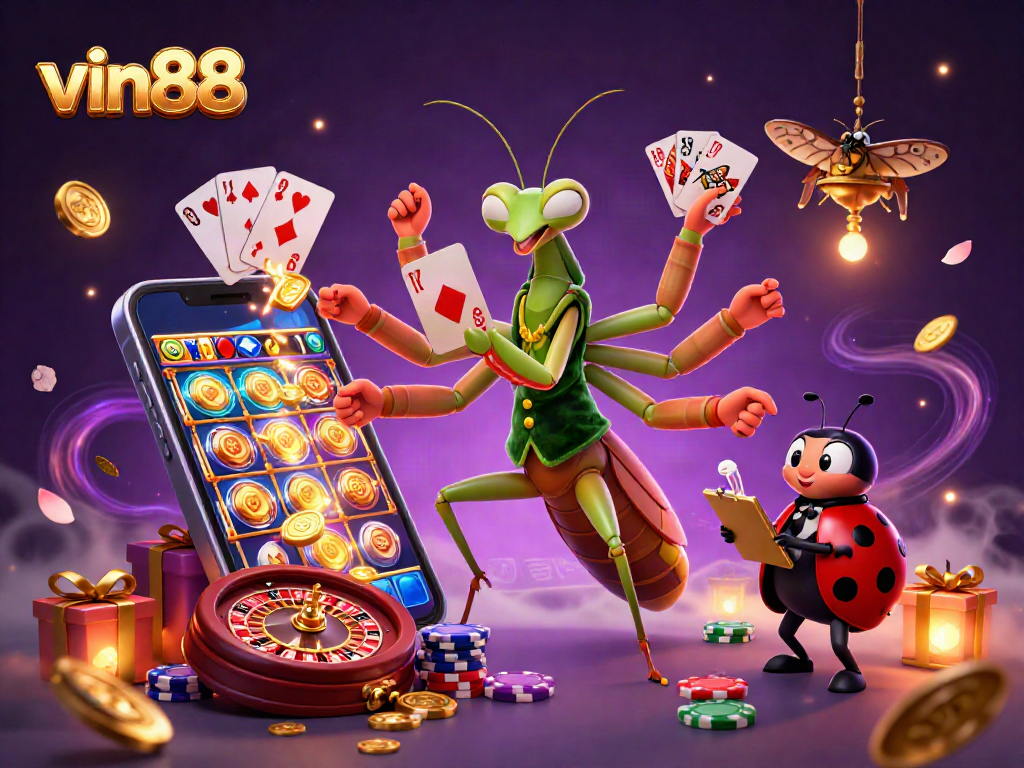 Spin and win with vin88 as a giant praying mantis deals cards and pours champagne in a vibrant casino scene.