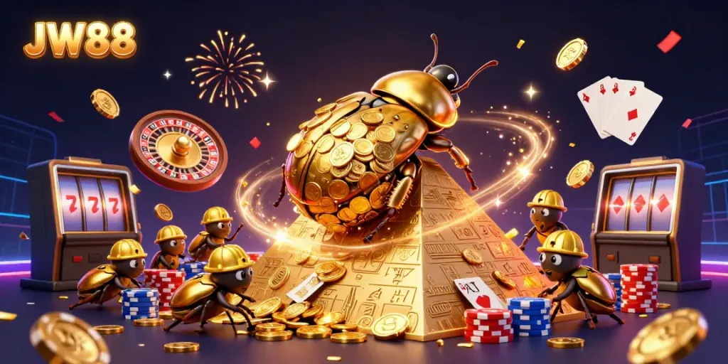 Experience the thrill of JW88 with delightful gaming and vibrant casino elements in a festive scene.