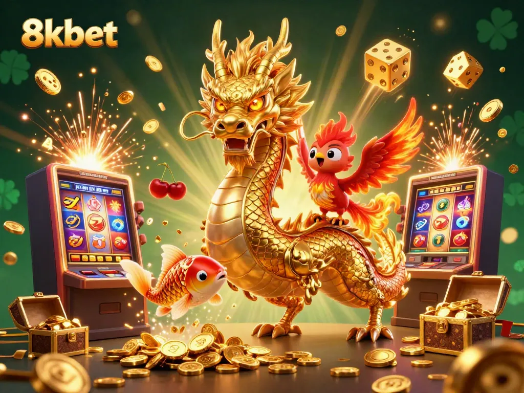 Engage in thrilling online gaming with 8xbet featuring a vibrant 3D illustration of a dragon, phoenix, and koi fish surrounded by casino elements.