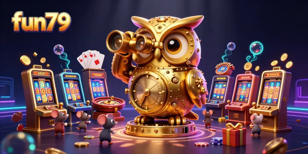 Experience fun79's thrilling casino atmosphere with a dazzling 3D illustration of an owl and vibrant game elements.