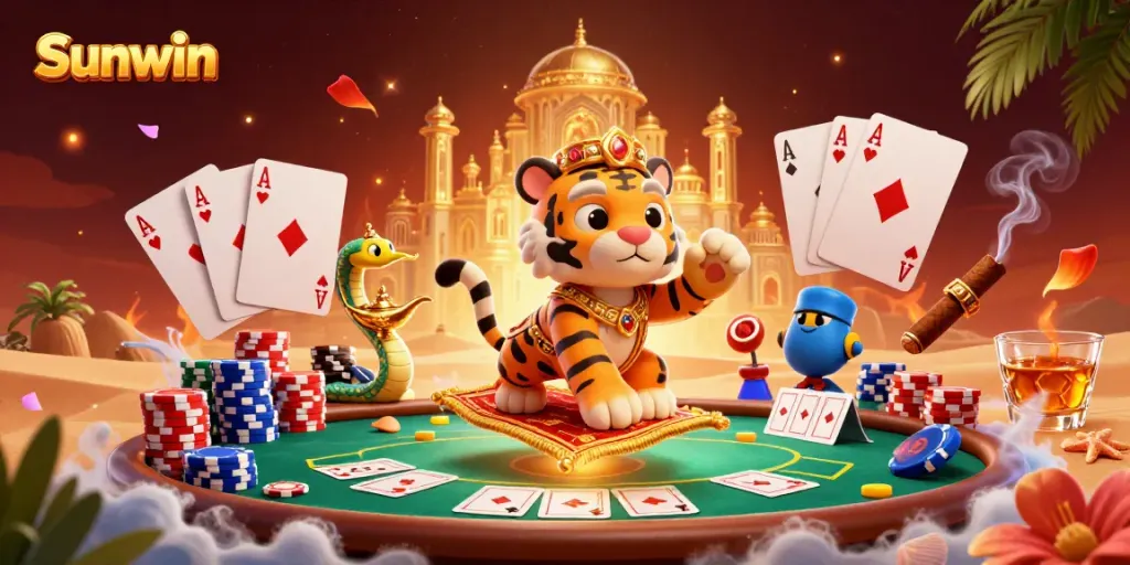 Experience Sunwin's thrilling gameplay with a tiger sultan on a poker-themed flying carpet amidst a casino backdrop.
