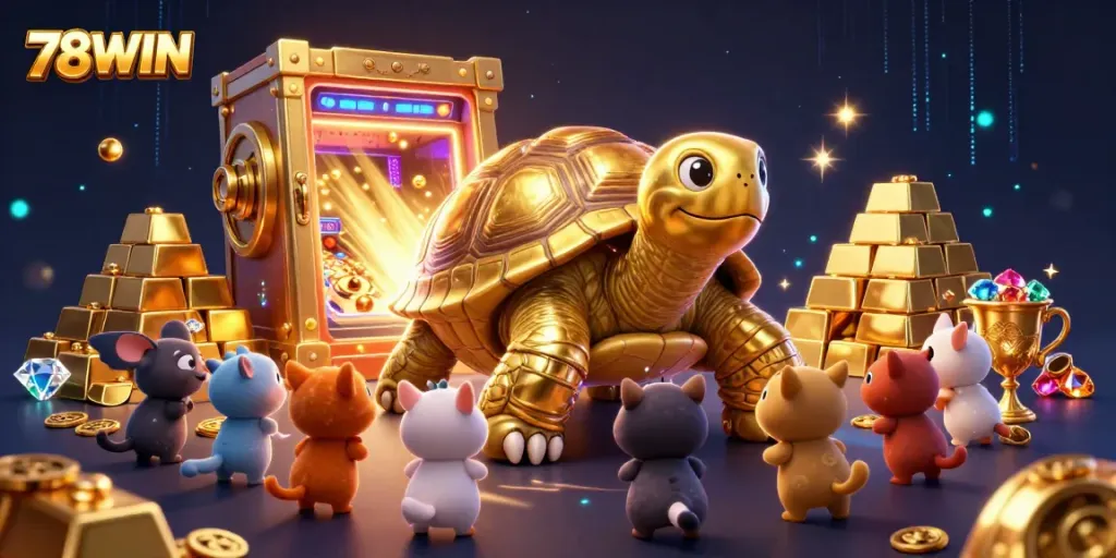 Experience the excitement at 78WIN with a golden tortoise-shaped pinball machine amid treasure and jewels.