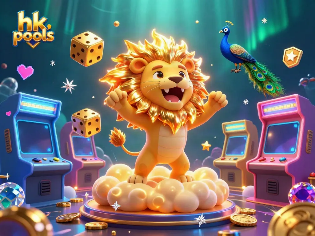 Join the excitement of hk pools with vibrant visuals of a sun lion and golden dice in a dynamic casino setting.