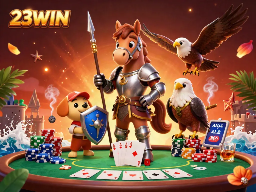 Experience thrilling poker action with 23WIN as knights and playful companions gather in a dynamic casino scene.