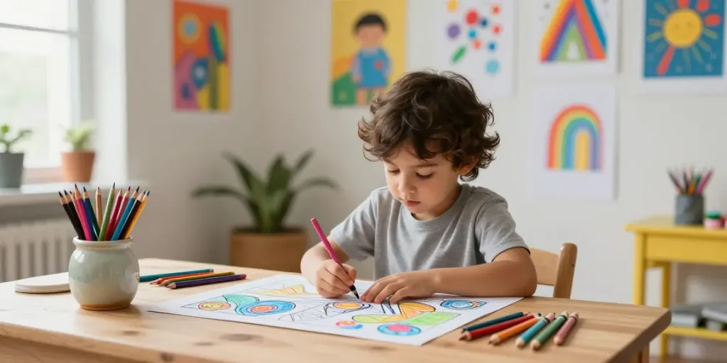 Child coloring intricate designs in a bright home studio, inspired by freecoloringsheets.net.