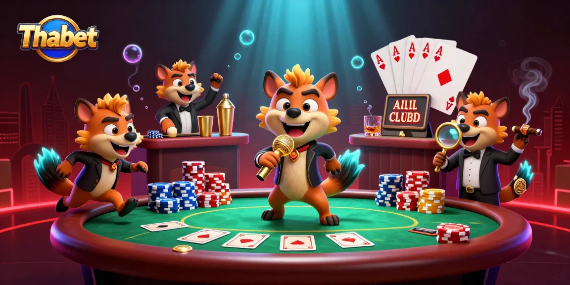 Thabet hyenas animate a vibrant casino scene mixing drinks and telling jokes while showcasing poker elements.
