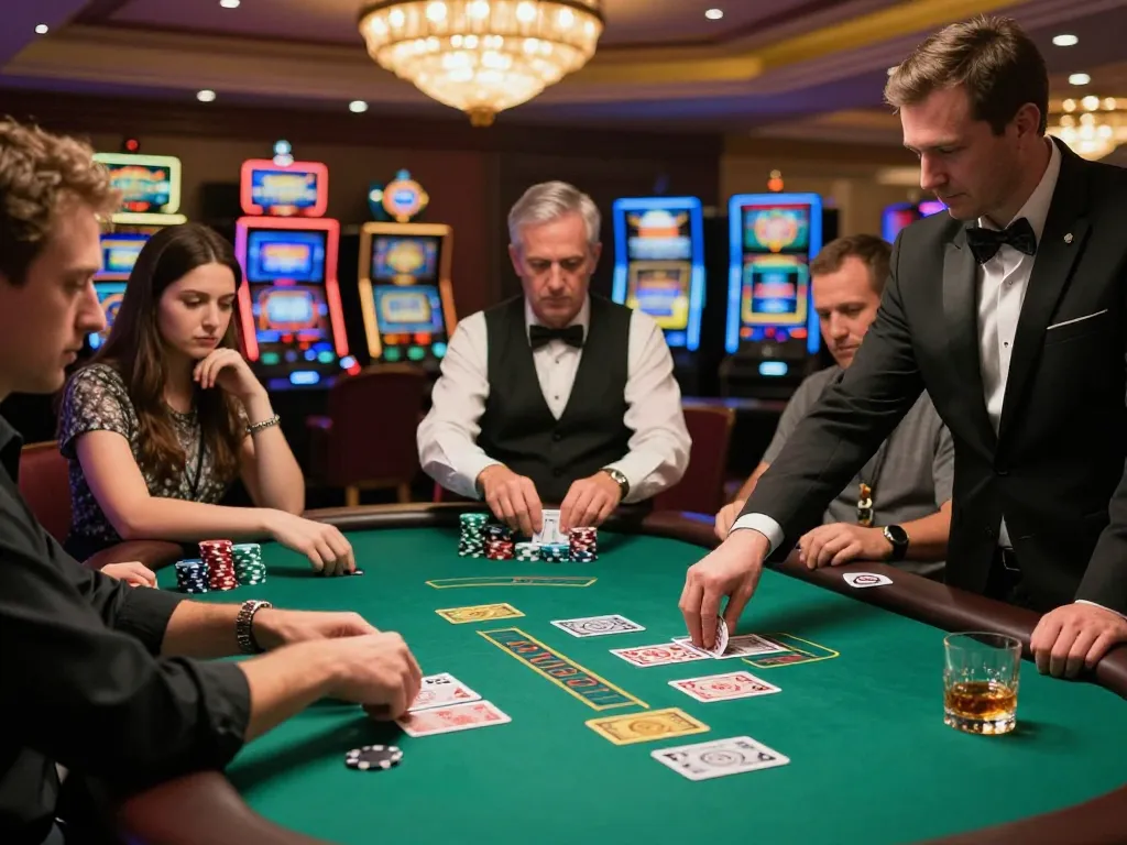 GG777 players strategizing at a high-stakes blackjack table in a vibrant casino