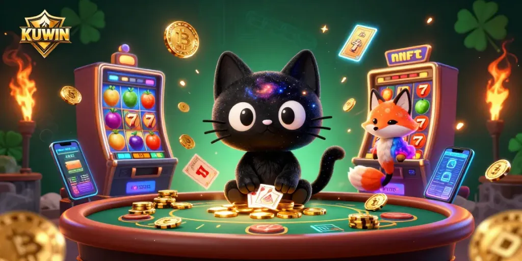 Engage in vibrant gaming at KUWIN's cosmic casino filled with dynamic slot machines and golden elements.