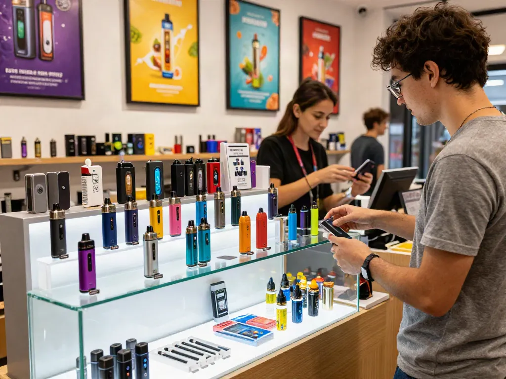 Are vapes banned in the UK? A vibrant vape shop scene showcasing rechargeable kits and e-liquids.