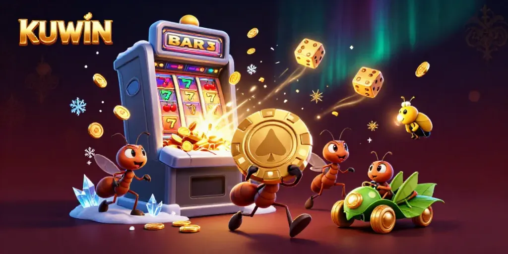 KUWIN ants carrying a giant poker chip in a vibrant casino heist scene full of dynamic elements