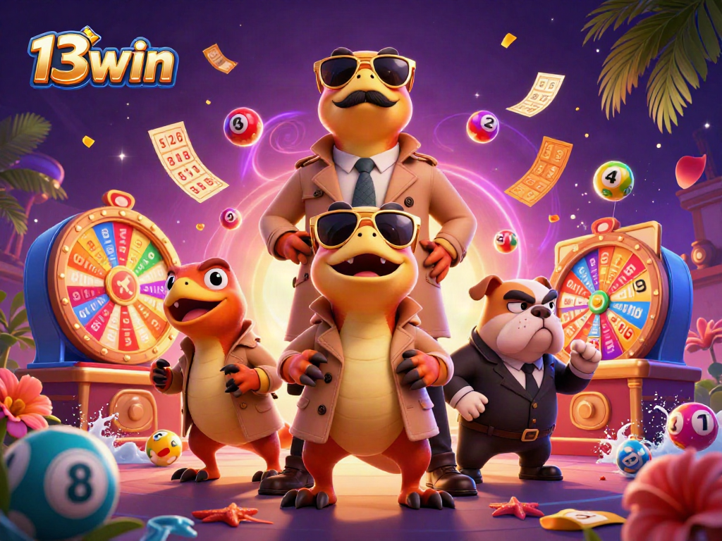 Join the fun at 13win with dynamic lottery and gaming elements in this playful casino scene.