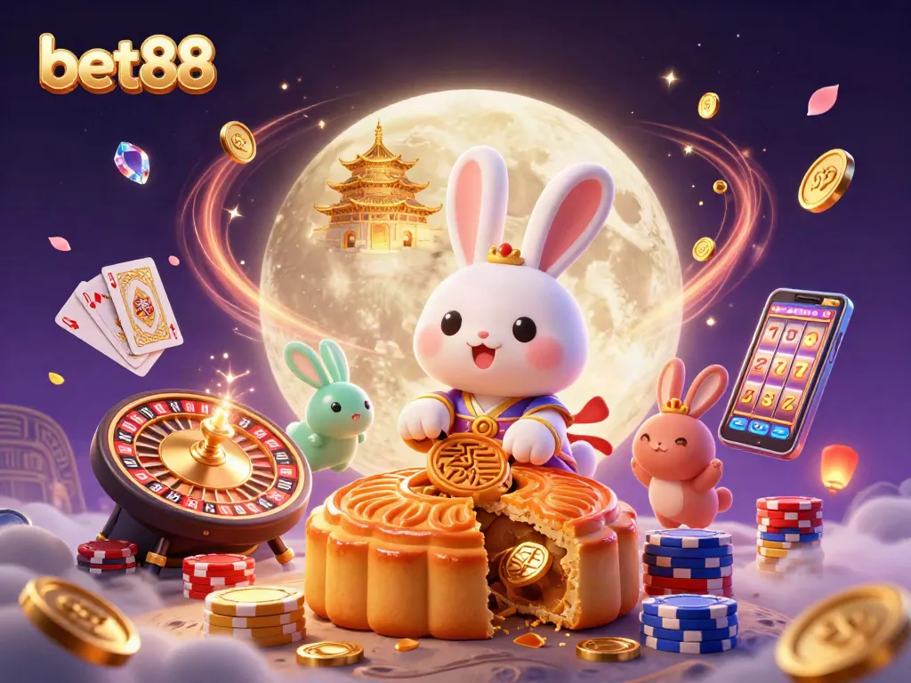 Experience the excitement of bet88 with a vibrant moon rabbit scene filled with casino elements.