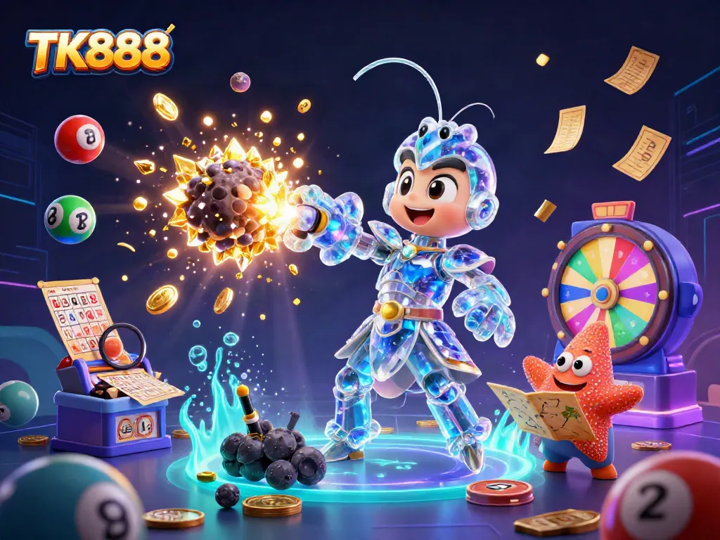 Engage with exciting games and win with TK888's vibrant 3D lottery and gambling-themed illustration.