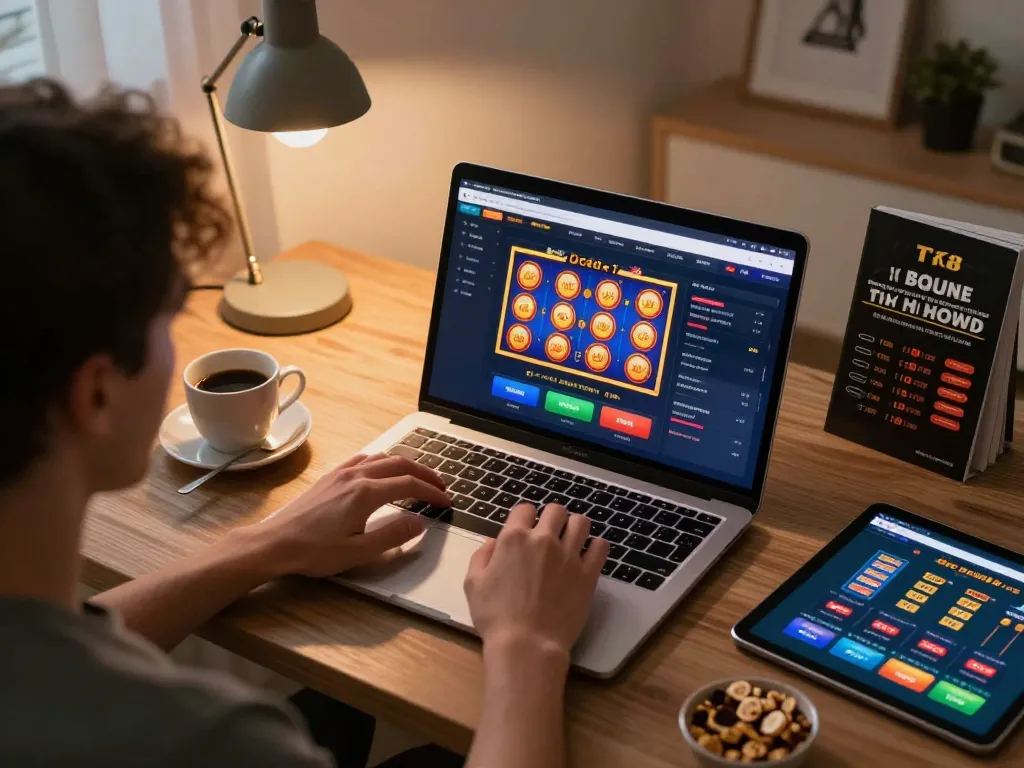 Tg8 player engaging with online casino slots on laptop in cozy home setting, highlighting strategic gaming.