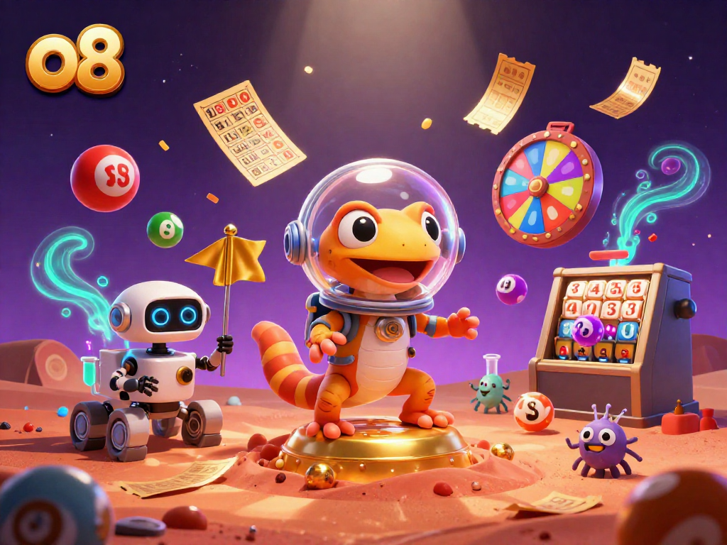 Join the Martian gecko in a golden casino adventure with lottery excitement at o8.
