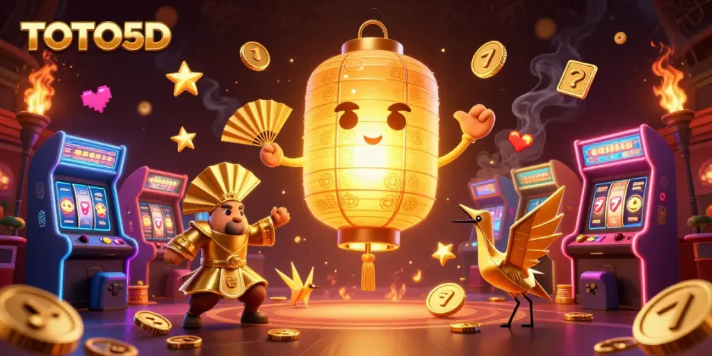 Engage with TOTO5D's exciting gameplay featuring vibrant characters, slot reels, and lucky symbols.