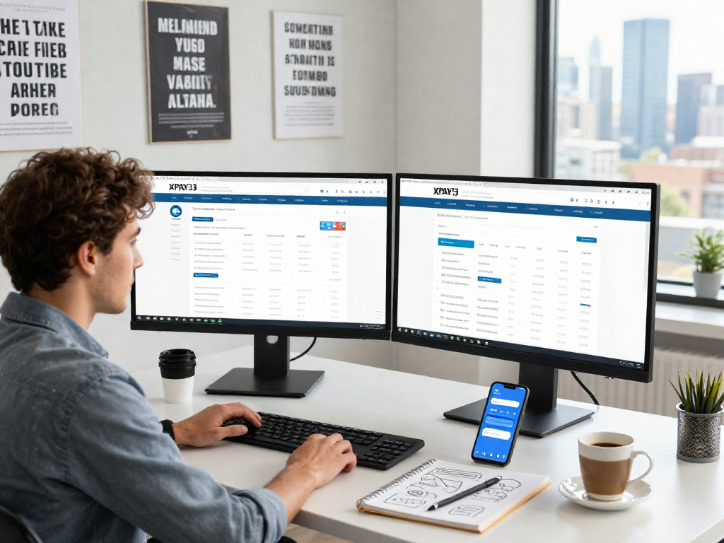 Online income strategist analyzing reports on the XPAY33 official site in a modern workspace.