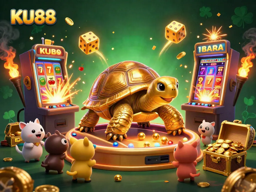 Experience the excitement of KU88 with a lively casino scene and a golden tortoise pinball!