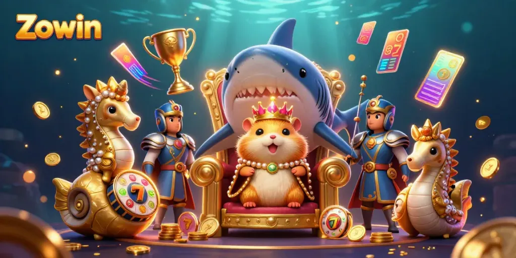 Engage with Zowin's thrilling casino adventures through an epic scene with dynamic slot reels and royal characters.