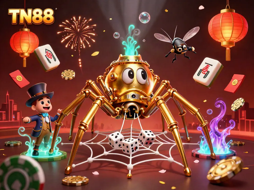 Experience the excitement of TN88 casino with a stunning golden spider web illustration.