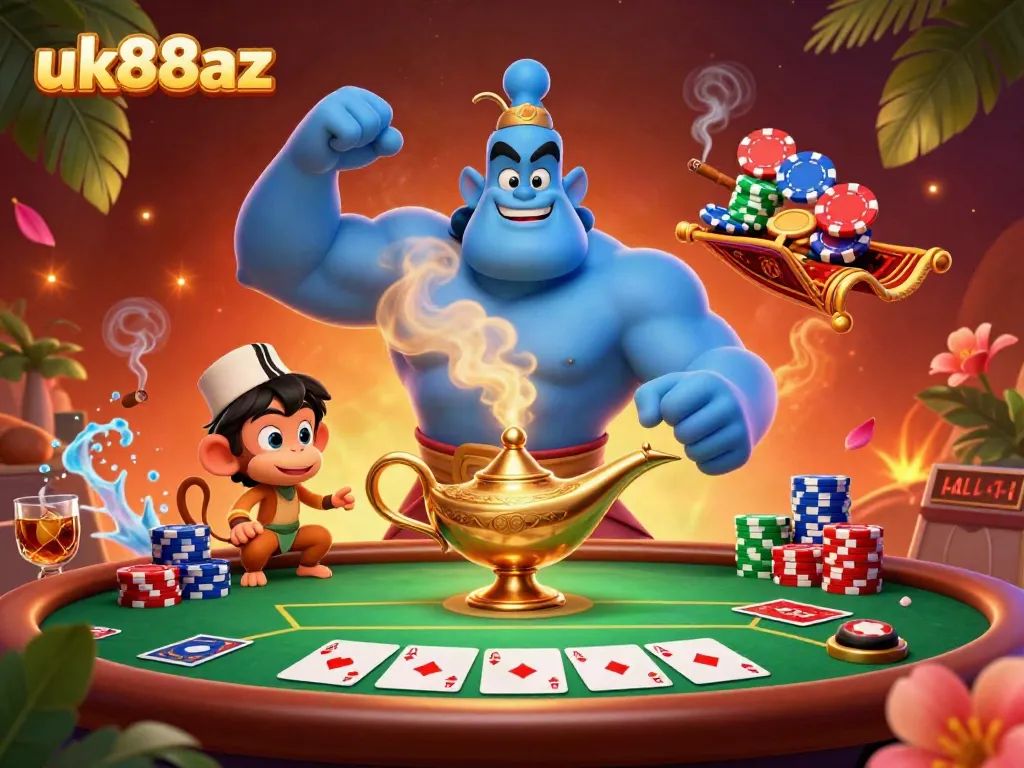 Experience the excitement of uk88az with a vibrant 3D casino scene featuring a genie, monkey, and magic carpet.