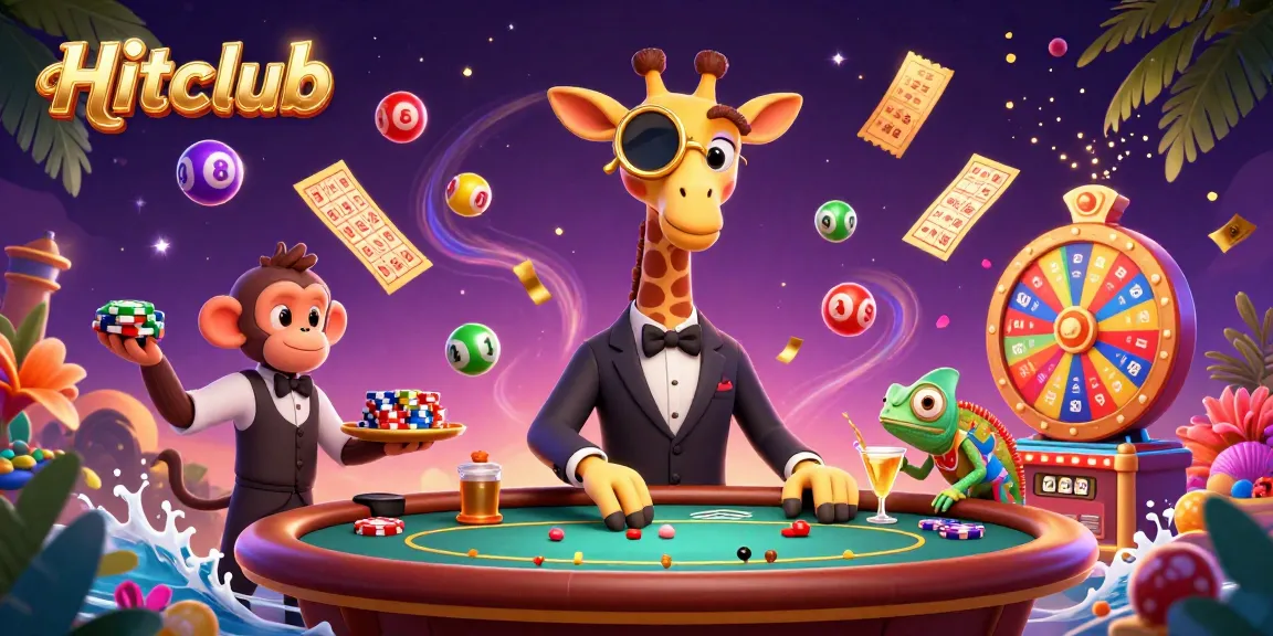 Join the excitement at Hitclub with a dynamic scene featuring a high-roller giraffe and lively gaming elements.