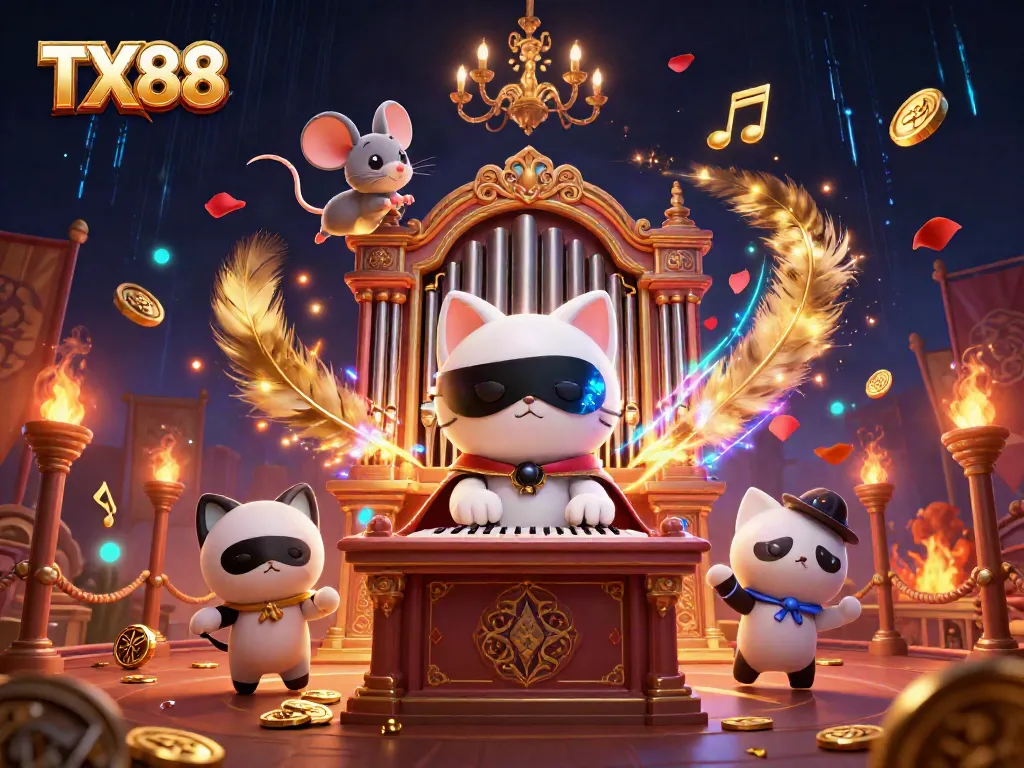 Engage with TX88 Casino featuring a phantom cat playing organ, surrounded by gaming elements.