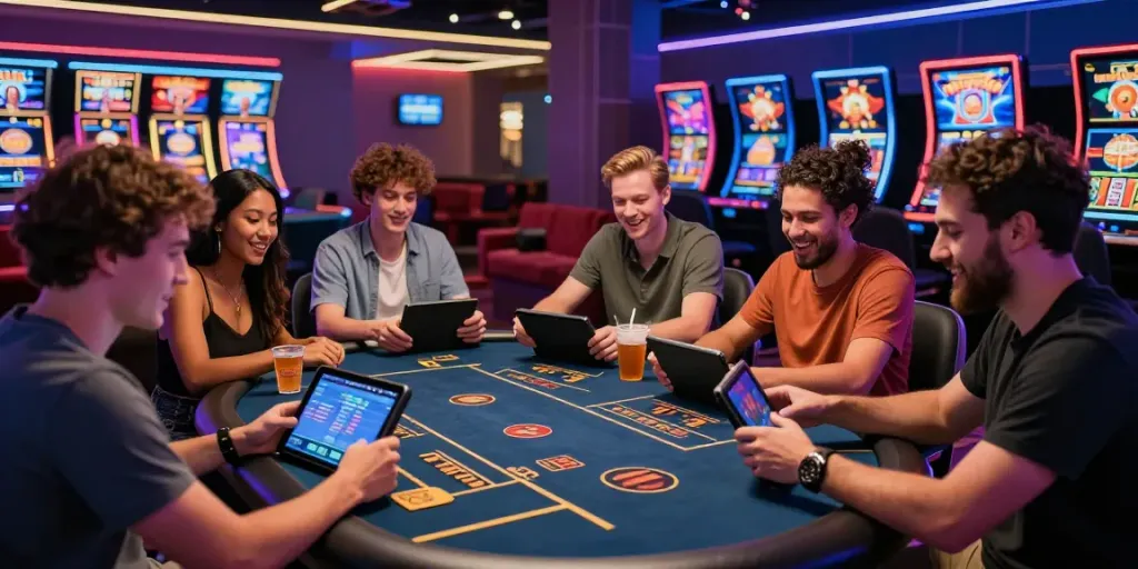 Diverse friends enjoy an exciting gaming night with Vegas88 in a colorful online casino.